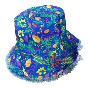 Blue and Green Tropical Bucket Hat with Fringe